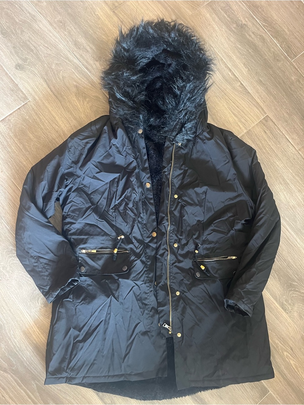 Black Faux-Fur Hooded Puffer Parka Jacket